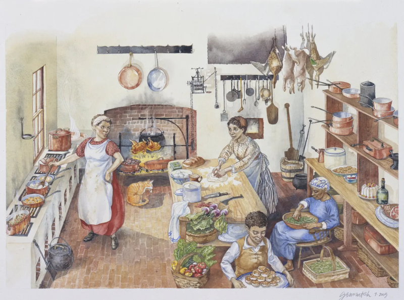 Modern-day watercolor by Gail McIntosh depicting the activity of Monticello's 1809 Kitchen. Four enslaved people are depicted doing various chores.